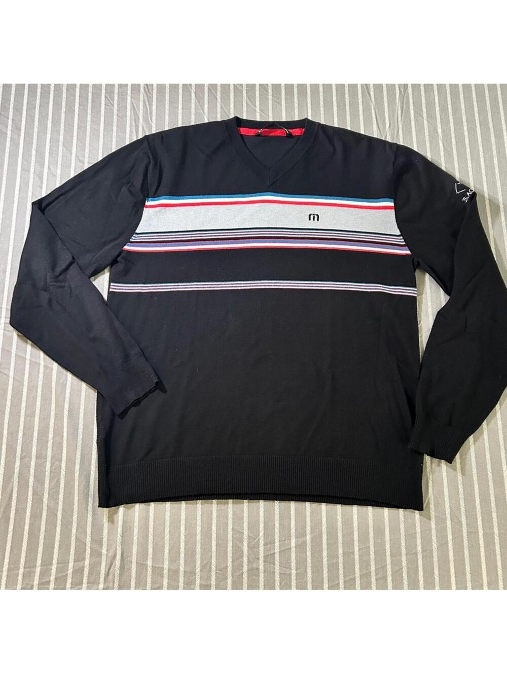 Travis Mathew Men’s Large Crewneck Pullover Sweater Black Gray Striped Golf